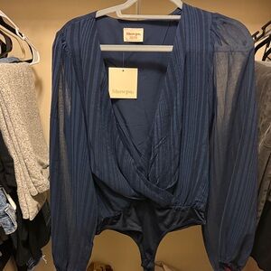 Showpo Navy Sheer Long-Sleeve Wrap Bodysuit